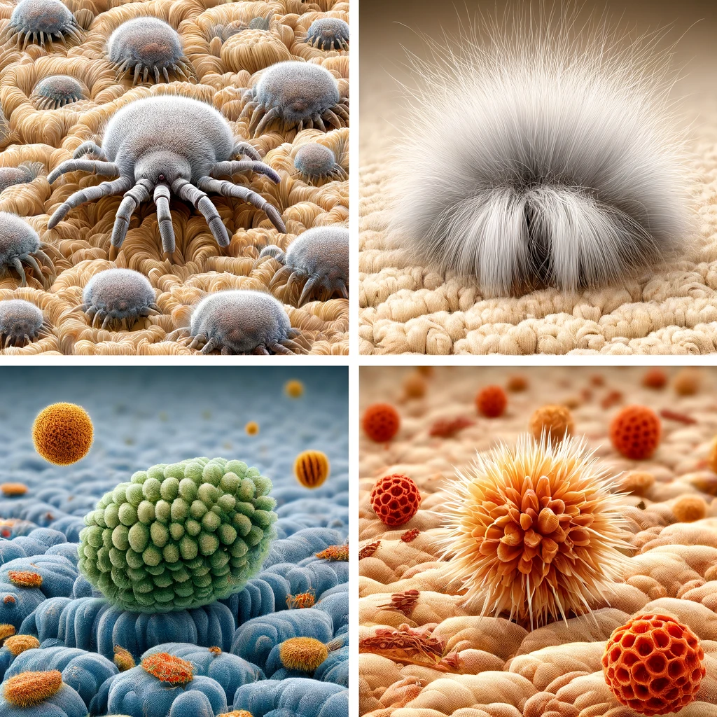 dust mites, mold spores, pet dander under a microscope collage