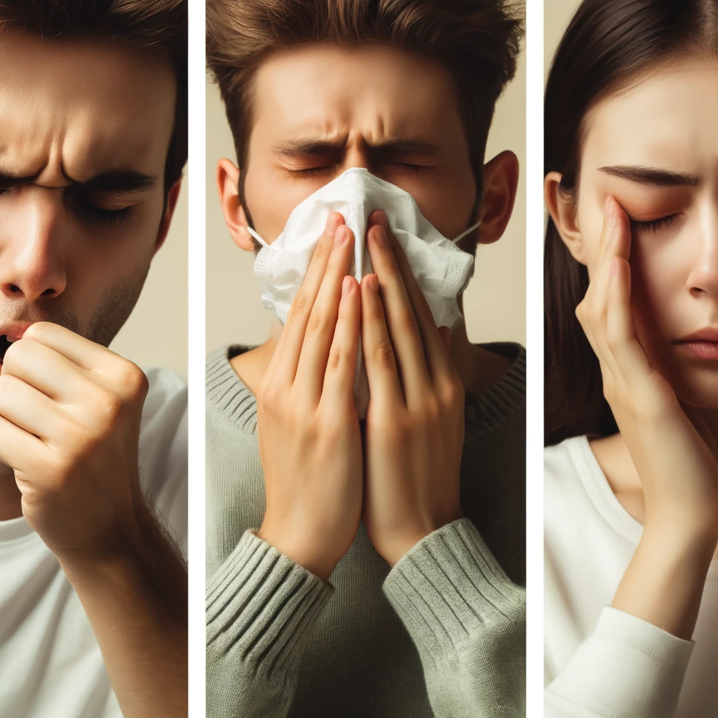 group of three people coughing sneezing and rubbing eyes from allergens in the air
