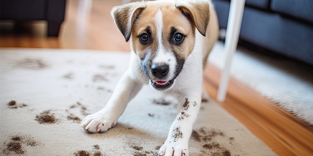puppy on carpet with mud stains